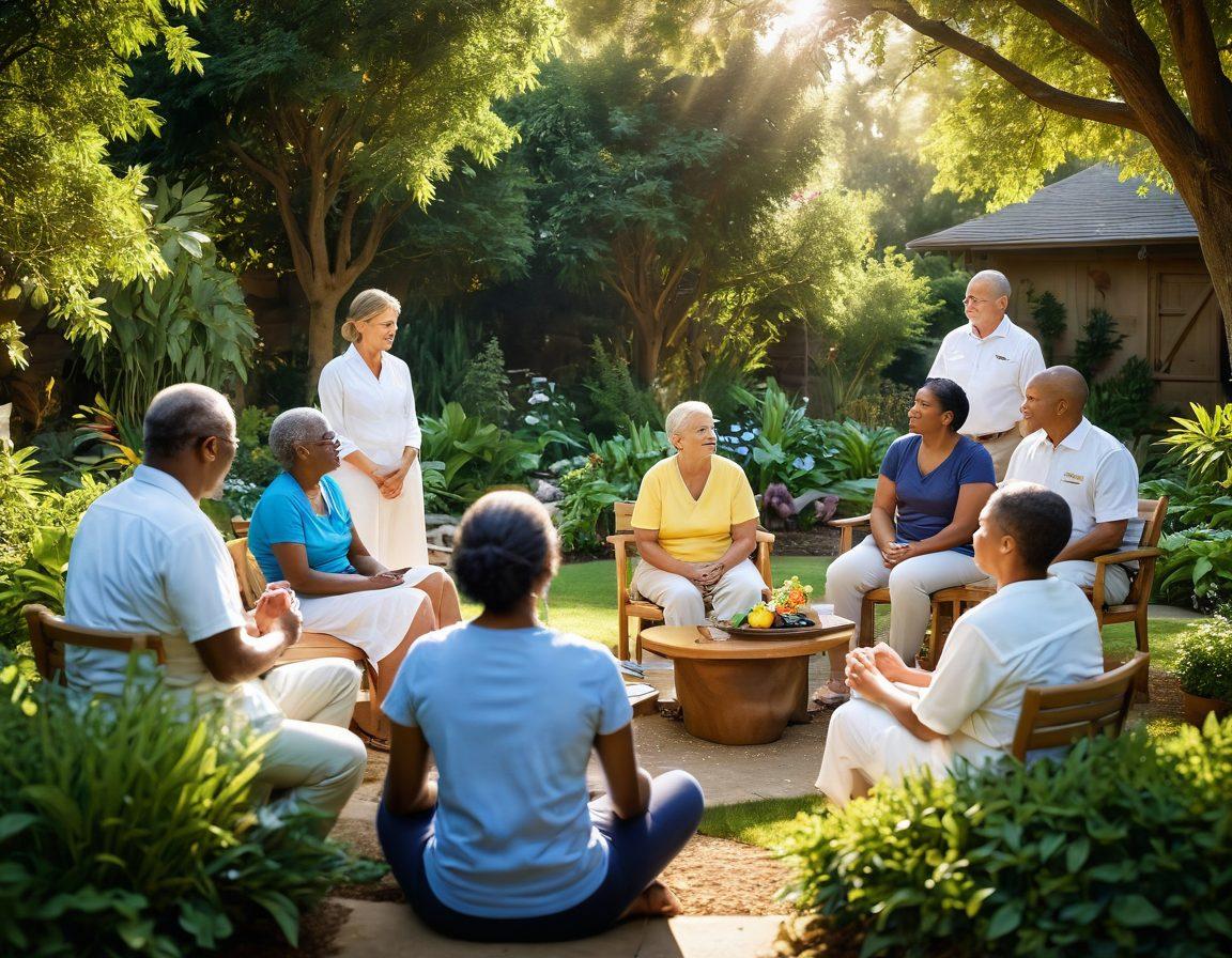 A montage of diverse individuals sharing stories of hope and resilience in a serene garden setting, illuminated by warm sunlight. Incorporate symbols of health and wellness, such as green plants, fruits, and inspirational quotes in the background. The scene should evoke feelings of community, strength, and support in oncology. super-realistic. vibrant colors. uplifting atmosphere.