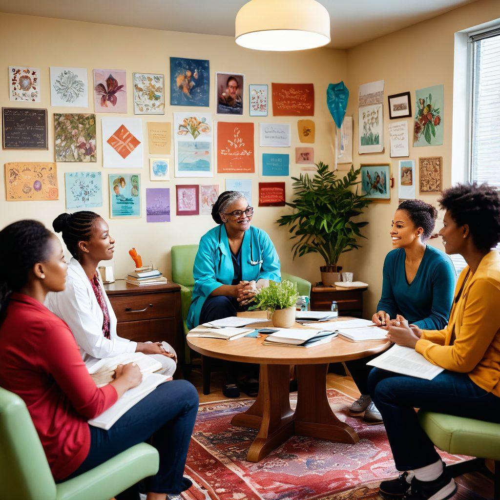 A diverse group of patients in a supportive circle, sharing resources and advice, surrounded by symbols of hope like ribbons and plants. A bright and inviting atmosphere in a cozy room with inspirational posters on the walls. Include medical books and wellness materials scattered around. The image should evoke a sense of community and empowerment. vibrant colors. soft focus.