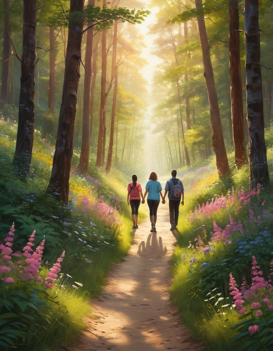 A serene landscape depicting a light-filled path through a lush forest, symbolizing healing and hope. Along the trail, silhouettes of diverse individuals celebrating life, representing cancer survivors, hold hands and share stories, surrounded by blooming wildflowers. Soft, warm colors evoke a sense of comfort and empowerment. super-realistic. vibrant colors. inspirational tone.